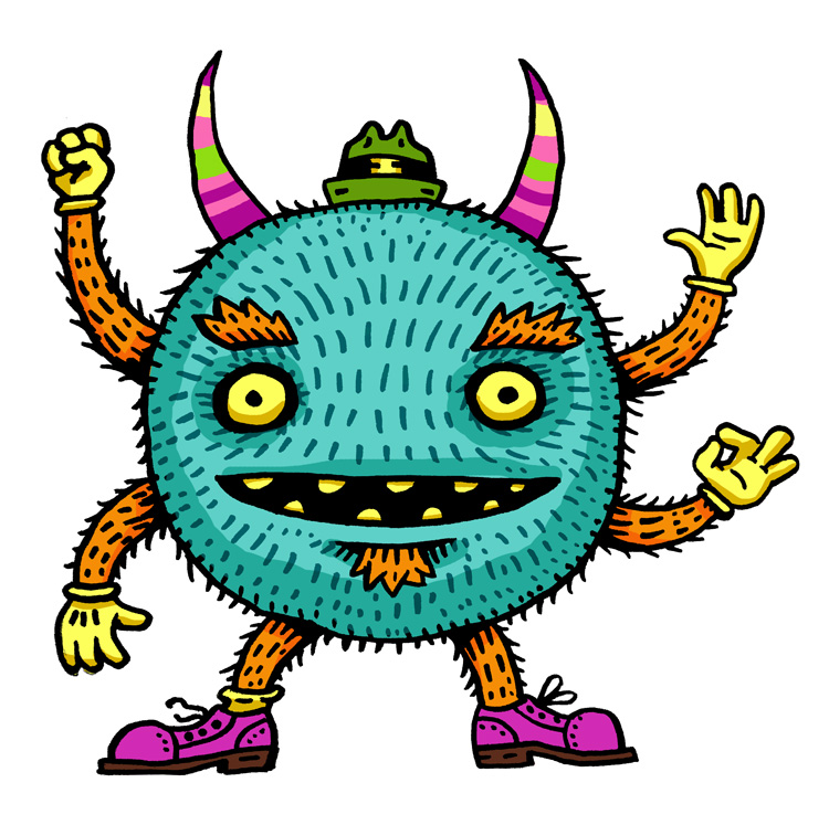 Green monster wearing a hat, has two horns and four arms,